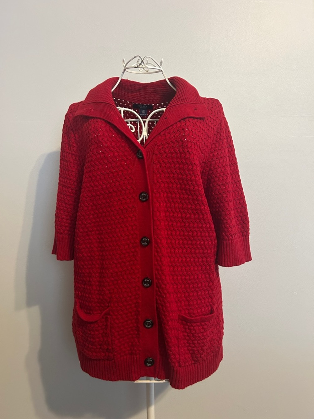 Chaps Red Knit Button-Front Cardigan with Shawl Collar